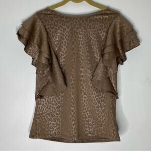 UPS & DOWNS Tan / Brown Leopard Print Ruffle Sleeve Top Size Large